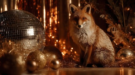 Fototapeta premium Fox in Festive Gold and Disco Ball Setting