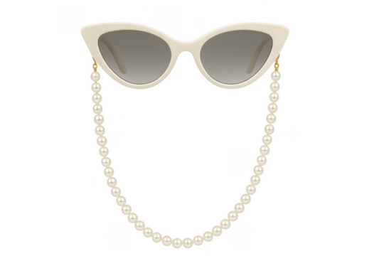 Cat-eye sunglasses with pearl chain displaying retro fashion elegance
