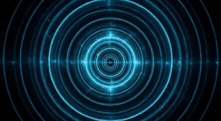 Abstract Digital Art Fractal Design Featuring Bright Neon Blue Glowing Concentric Circles Radiating Outward From A Central Point On A Deep Black Background Creating A Futuristic Energy Wave