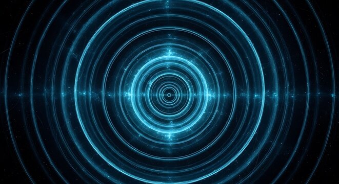 Abstract Digital Art Fractal Design Featuring Bright Neon Blue Glowing Concentric Circles Radiating Outward From A Central Point On A Deep Black Background Creating A Futuristic Energy Wave