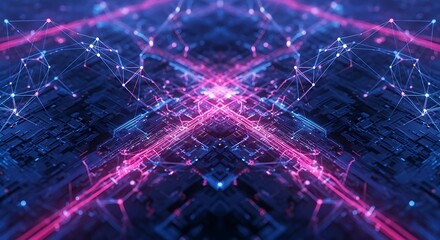Abstract Electronic Circuitry Background with Bright Pink and Cyan Lines Connecting Nodes in a High Tech Grid Structure Perfect for Concepts of Quantum Computing and Machine Learning Data Tr