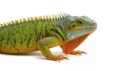 Fototapeta premium Colorful iguana with vibrant green and orange scales, detailed texture, and spiny crest, isolated on white background.
