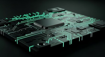 Advanced Black Microchip Processor On A Dark Printed Circuit Board With Bright Glowing Neon Green Data Traces And Connections Representing Digital Computing Technology And Artificial Intelli