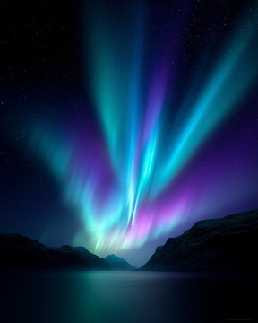 Abstrakte farbige Polar Lichtwellen in Lila, Blau und T&uuml;rkis auf dunklem Hintergrund