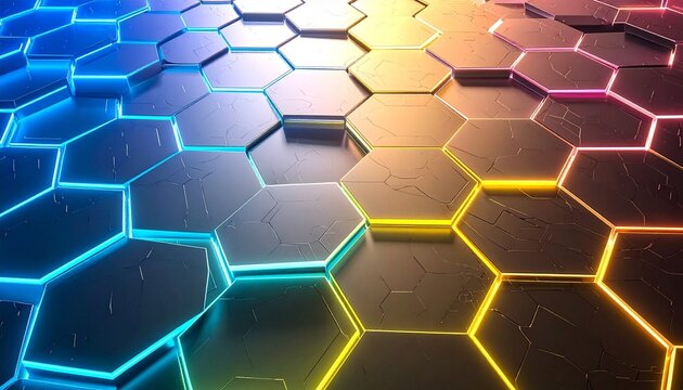 Futuristic Neon Honeycomb Pattern with Glowing Hexagons and Circuit Texture
