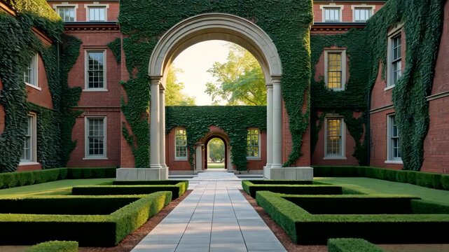 Ivy covered brick building with arched entrance and symmetrical garden pathway in daylight courtyard