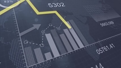 Yellow line graph and different charts and graphs on the background of dynamic numb video footage