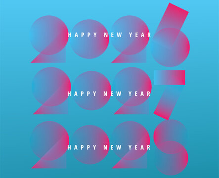 “Modern Happy New Year 2026, 2027, and 2028 greeting card collection featuring vibrant blue gradient backgrounds with stylish rounded pink-blue numerals designed for festive holiday celebrations