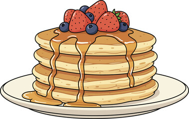 Delicious Pancakes with Berries, Breakfast Delight, Kitchen Table, Illustration, Warm Setting, Close-Up View, Culinary Pleasure