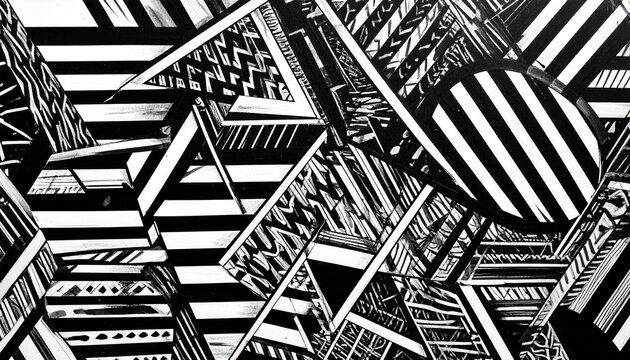 Chaotic Black and White Abstract Geometric Pattern with Overlapping Shapes and Textures