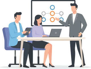 Business Meeting, Team Collaboration, Office, Illustration, Indoor Environment, Eye-Level View, Professional Discussion