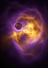 A vibrant, swirling nebula of violet and gold colors suggesting deep sleep and imaginative unconscious states in a surreal atmosphere ,space ,distorted ,magic