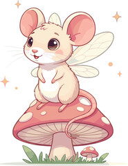 Adorable fairy mouse sitting on a magical mushroom surrounded by sparkling fantasy elements in a cute vector illustration