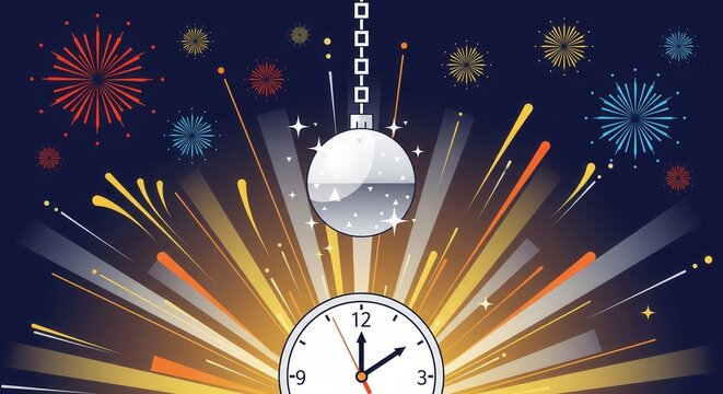 An illustration of a clock counting down to midnight with a disco ball and fireworks. This festive scene evokes excitement and joy, perfect for New Year's Eve party promotions.