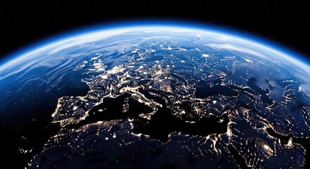 A breathtaking view of planet earth from space at night, showcasing the illuminated continents and cities with a glowing blue atmosphere curving against the dark void of the universe