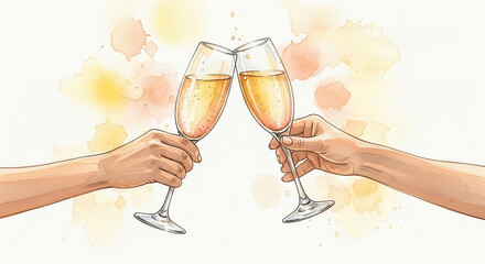 A watercolor illustration of two hands toasting with champagne glasses. This festive and joyful image is perfect for celebrations, anniversaries, weddings, and New Year's greetings.