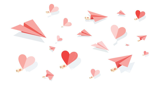 A deluge of pink paper airplanes and heart shaped valentines flying through the air