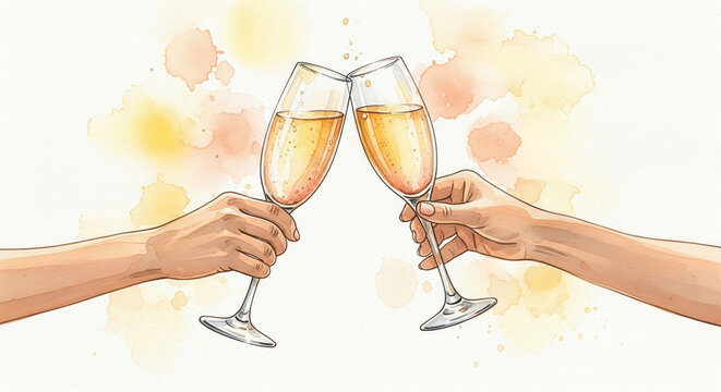 A watercolor illustration of two hands toasting with champagne glasses. This festive and joyful image is perfect for celebrations, anniversaries, weddings, and New Year's greetings.