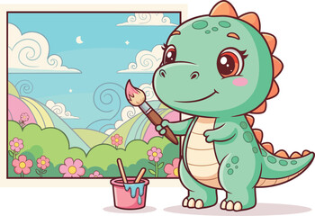 Cartoon Dinosaur Painting Colorful Landscape with Brush and Bucket, Ideal for Creative, Educational, and Fun Vector Themes