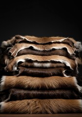 A textured stack of unprocessed wild animal hides harvested from the wild bush. Natural pelts display varying shades and patterns, illustrating rugged quality ,conservation ,pattern ,resource