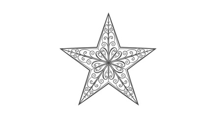 Intricate black and white line art drawing of a decorative five pointed star with floral patterns