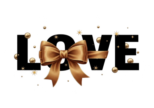 The word love stylized with a golden ribbon and bow, surrounded by sparkling gold beads and stars, isolated on transparent background grainy