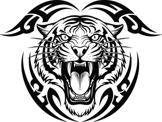 Roaring tiger head, tribal-style black and white illustration, symmetrical animal design, fierce wild cat vector, tattoo and logo art