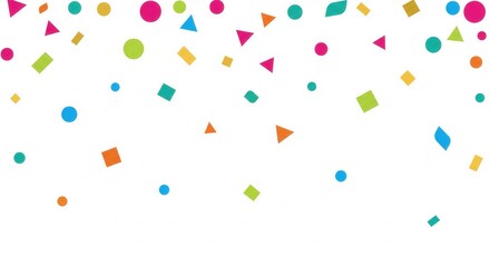 Colorful geometric confetti pieces like circles, squares, and triangles fall from above. A joyful and festive scene for party invitations, birthday cards, or celebration banners.