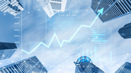 A captivating view of modern skyscrapers with a rising graph overlay, symbolizing economic growth and business success in a bustling urban setting. Scalp