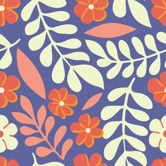 Retro floral pattern with leaves and flowers on a purple background.