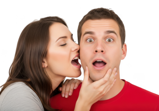 Woman whispering a secret into a mans ear, his expression is surprised, isolated on transparent background grainy