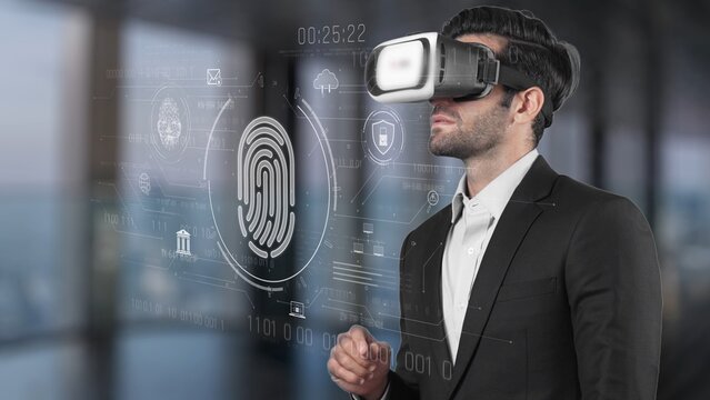 A business professional uses a virtual reality headset to explore advanced fingerprint technology in an innovative office setting, highlighting digital security trends. Raster - Powered by Adobe