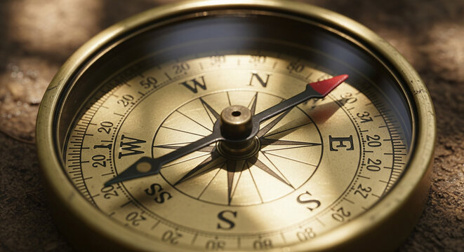 Antique brass compass pointing to a clear direction on rough terrain.
An extreme close-up, high-detail macro shot of a classic, antique-style brass compass