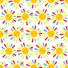 Children's bright multi-colored seamless pattern of smiling suns with rainbow rays