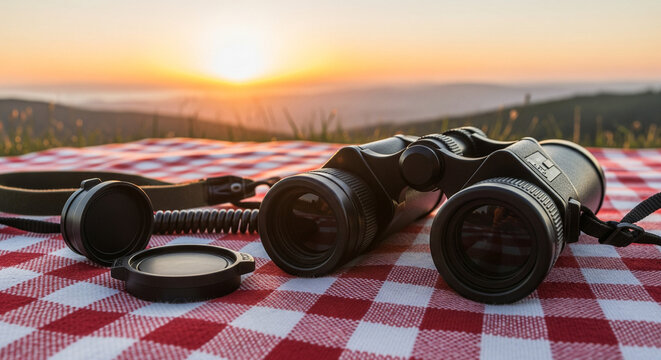 Binoculars on a red and white blanket watching the sunset.
A stunning outdoor shot featuring a pair of black binoculars resting on a classic red and white checkered blanket or tablecloth