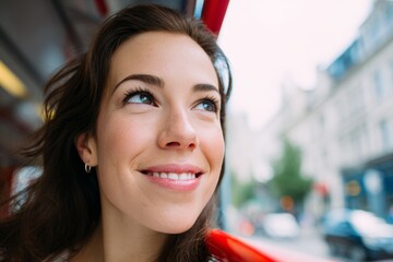 Joyful young hispanic woman smiling on city bus journey