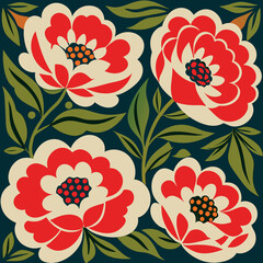 Vibrant red and blue folk art floral pattern with green leaves