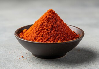 A vibrant red pile of finely ground paprika spice powder displayed in a small ceramic bowl, ready for seasoning and adding flavor to meals ,seasoning ,dried ,studio