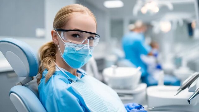 Dental hygienist prepares for patient treatment in a modern clinic setting with advanced equipment