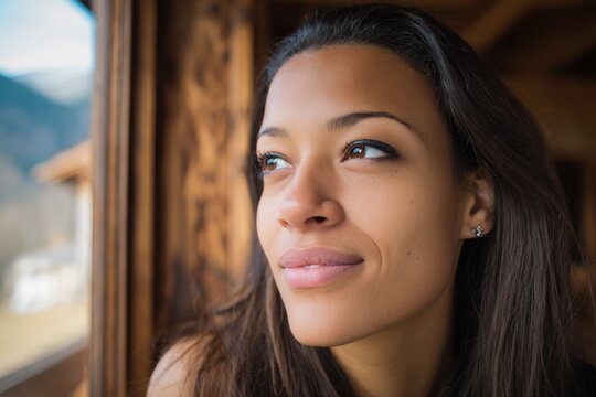 Young hispanic female gazing outside window in thoughtful moment