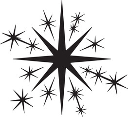 A central black starburst bursts outward amidst smaller star shapes on a white background