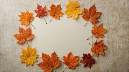 Fototapeta premium Autumn leaves arranged in a circle leaving space in the center on a neutral background. Fall foliage decor concept. Seasonal nature display.