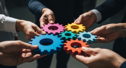 Diverse teamwork collaboration concept with colorful gears in hands