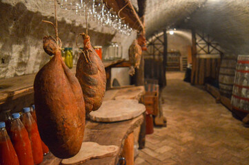 Home made products in Baranja wine cellar, Croatia. Focus on foreground