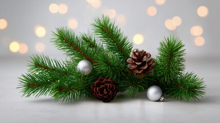 Obraz premium Christmas pine branches with cones and silver ornaments on festive blurred background with warm bokeh lights for holiday design