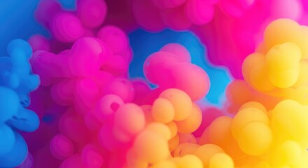A vivid abstract background of dynamic fluids expanding rapidly, merging saturated magenta, blue, and yellow into a flowing, modern artistic design ,movement ,template ,glowing