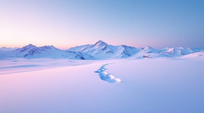 Scenic winter landscape with snowcovered mountains and footprints in the snow, creating a peaceful and serene atmosphere at dusk or dawn