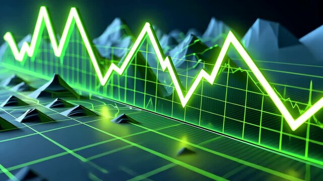 Glowing green zigzag line chart rising across digital grid with polygonal terrain and data visualization background