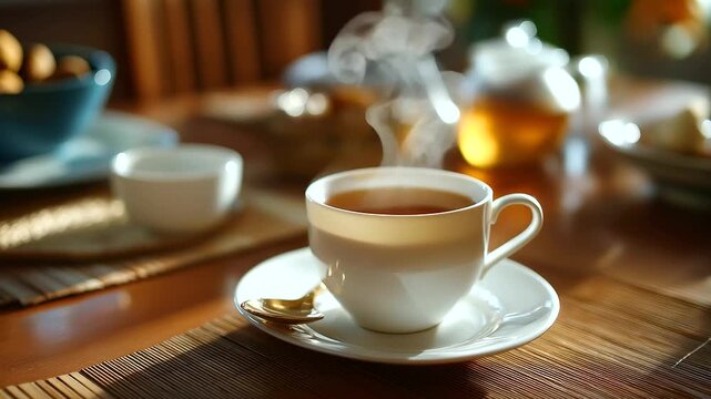 Faceless close-up of steaming tea cups on the table after goodbye, cozy warm tones and shallow depth of field, with copy space.