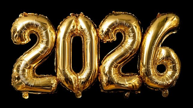 Shiny gold balloons spelling out 2026 create a festive and celebratory atmosphere for New Year's Eve and future event planning